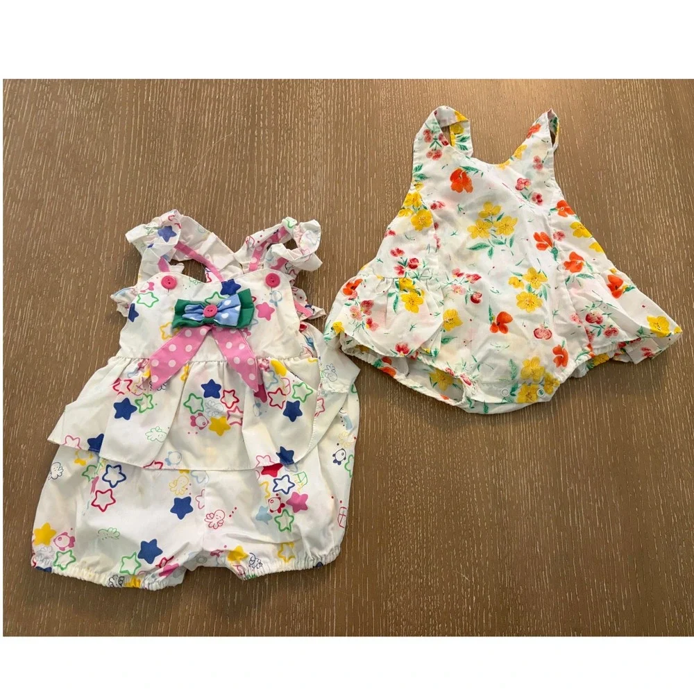Vintage Baby Girls 6 Months Romper Lot Floral Star Print Ruffle Bubble Outfit
